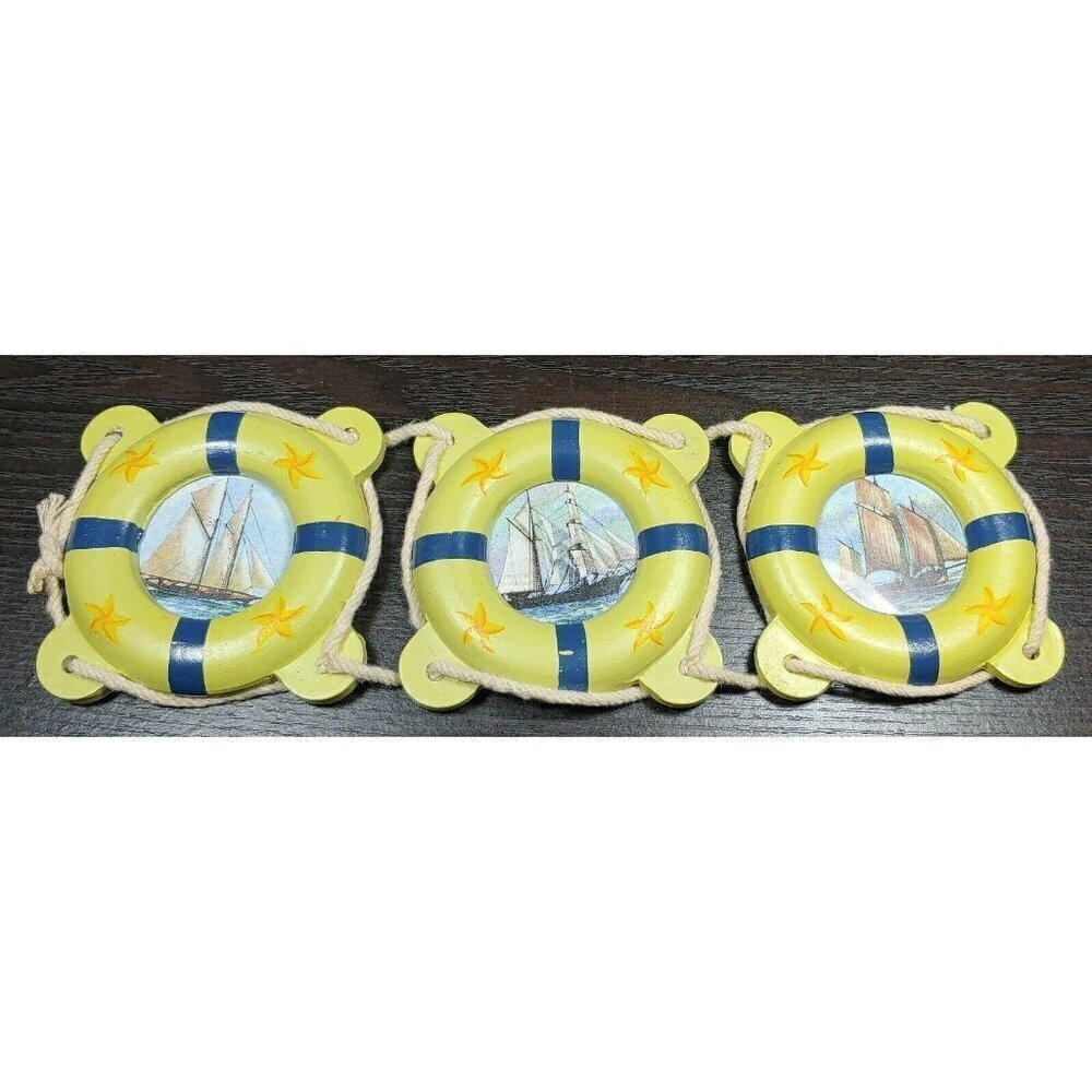 Nautical Wooden Lifebuoy Wall Hangings With Sailboat Designs Set Of 3 Vintage